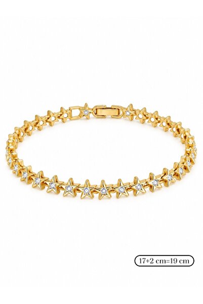 POKAK Kadın 14K Gold Altın Kaplama Zirkon Taşlı Sıralı Yıldız Bileklik 17 cm