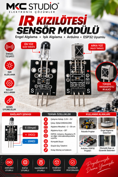 MKC STUDIO IR Kızılötesi Sensör Modülü – Engel Algılama Sensörü – Arduino ESP...