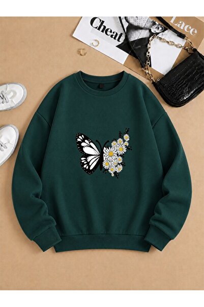 x-compass life Women's Butterfly Floral Printed Sweatshirt Crew Neck Comforta...