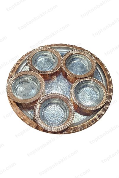 Haale Handmade Copper Presentation Breakfast Tray (35 cm) and Plate Set of 5 (11.5 cm)
