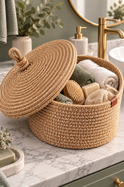 evdeucuz Jüt Hasır Kapaklı Sepet Organizer Dekoratif Banyo Mutfak Salon Düzenleyici-Orta Boy -25x25x15