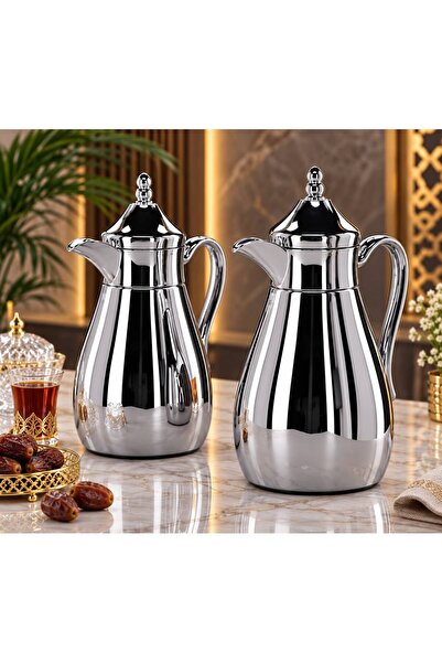 aljahwari طقم ترامس شاي وقهوة قمر 2 حبة فضي لماع