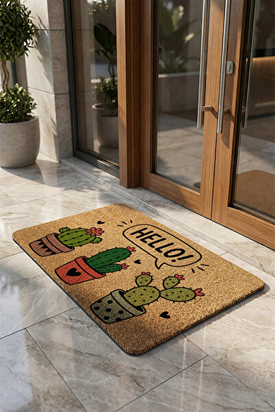 Valerine Life Kapı Önü Paspası 45x70cm Velür Doku Coco Görünüm Kaymaz iç Dış Mekan Kaktüslü Merhaba
