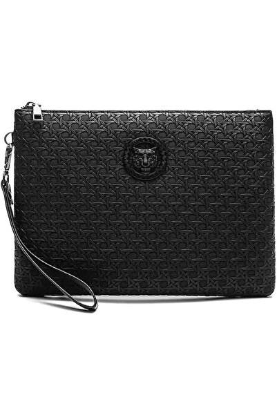 AMD BAG Men's Clutch Bag, Black, Woven Pattern, Leather, Wrist Strap, Tiger L...