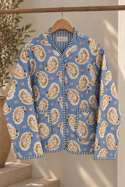 Yoncha Blue Seashell Patterned Quilted Jacket