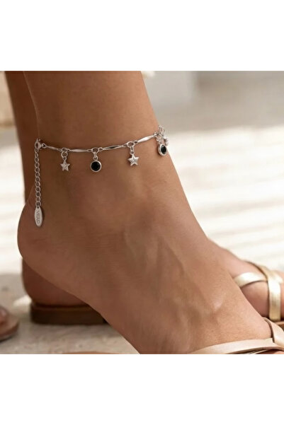 Cesicey Yıldız Çelik Anklet with Black Stone Detail in Silver Color