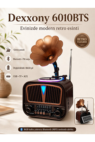 Dexxony 6010BTS Bluetooth Nostaljik Gramofon Radyo Güneş Panelli Şarjlı 6 W