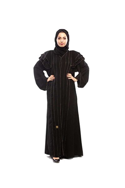 FASHION عباءة ملاكي كلاسيكية مخططة مع شيفون على الكتف وتطريز ذهبي