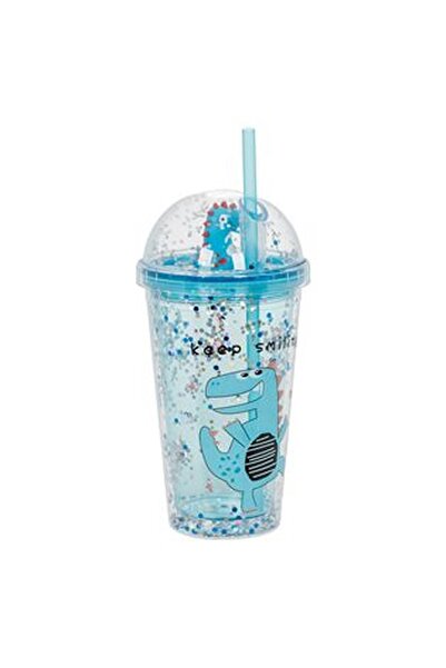 CBD CORAL BEST DEALS Pahar din Plastic cu Capac cu Pai Bleu Confetti Dinozaur...