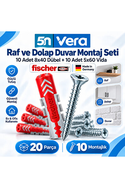 Fischer Raf ve Dolap Duvar Montaj Seti – 10 Adet DuoPower 8x40 Dübel + 10 Ade...