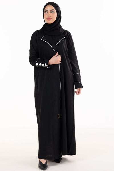 FASHION Classic Open Linen Wrap Abaya with Collar and Long Sleeves