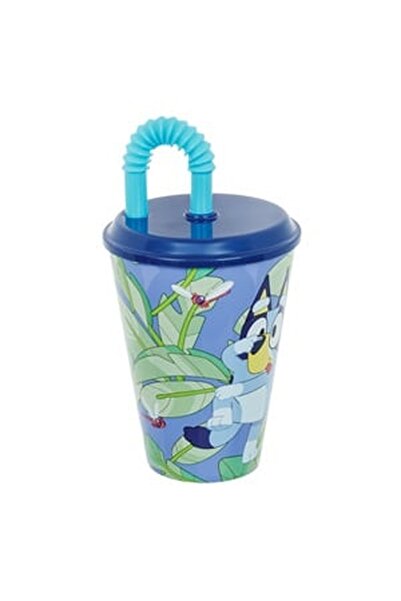 CBD CORAL BEST DEALS Pahar din Plastic Albastru cu Pai Bluey 430ml, 8.5x11.5cm