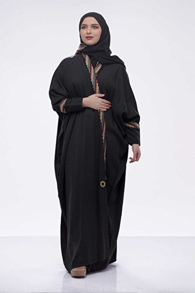 FASHION عباية كتان بيشت بأكمام ضيقة وحواف ملونة