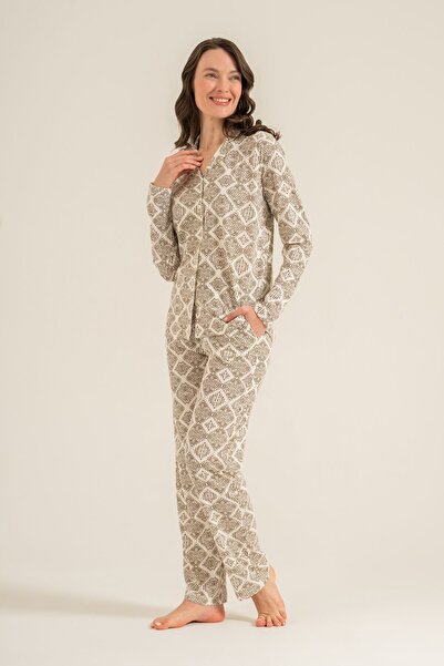 Pierre Cardin Set de pijamale pentru femei, cămașă crem cu model PC9276-S-V1