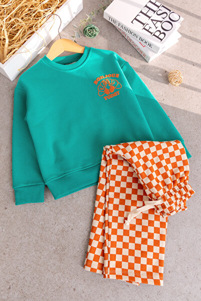 Babymod Boy's Sweatshirt Orange Checkerboard Patterned Pants Double 3 Thread ...