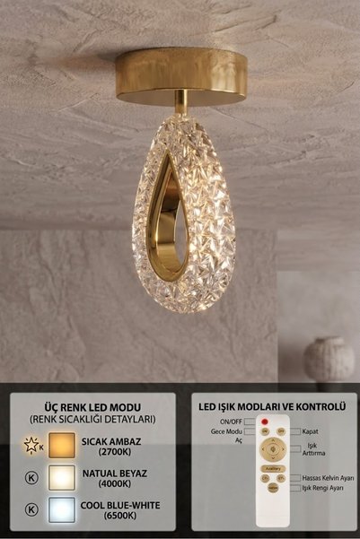 Akgül Sirius Tekli Lüks Kristal Plafonyer Kumandalı Gold Tavan Led Avize