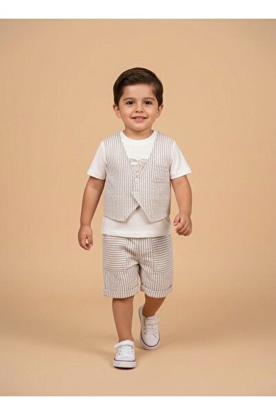 Top Kids Summer Boys' Handsome Three-Piece Set Striped Vest+White T-Shirt+Mat...