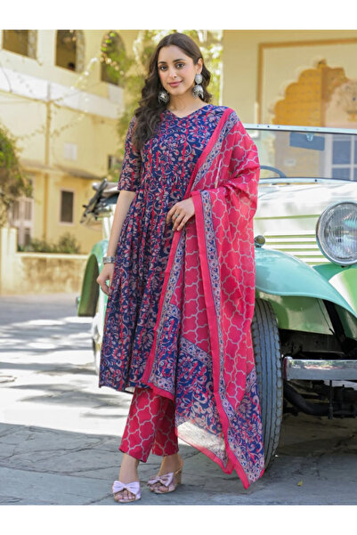 MYSMAR Blue Cotton Salwar Kameez Dupatta - ALV2033 | Blue-Size:XL-42-Inches