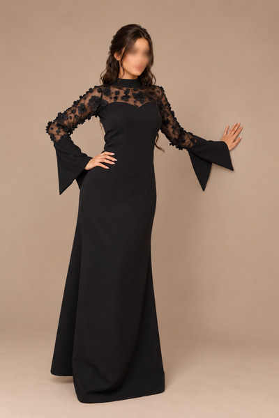 Rose فستان سهرة أسود بتول مزهر وأكمام جرسية