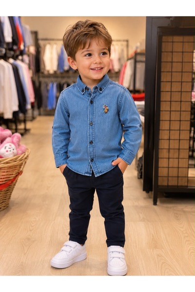 moda rüyası Boy's Denim Shirt Long Sleeve Embroidered Detailed Denim Shirt