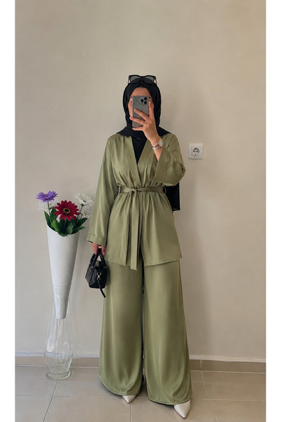 DİLEKBUTİK yağ yeşili dökümlü kimono beli lastikli pantolon tesettür takım