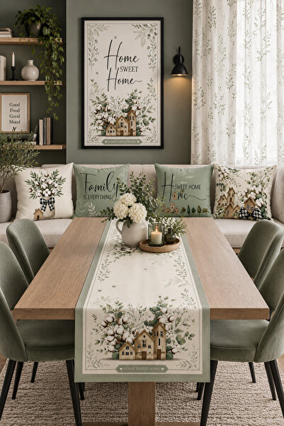 HOMESSA Home Sweet Home Pamuk Çiçekli Ev Temalı 4’lü Kırlent Kılıfı ve Runner...