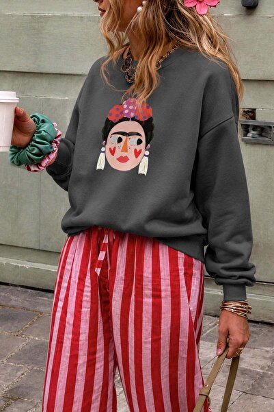 Monila Kadın Premium Kumaş 3 İplik Şardonlu Frida Baskılı Sweatshirt