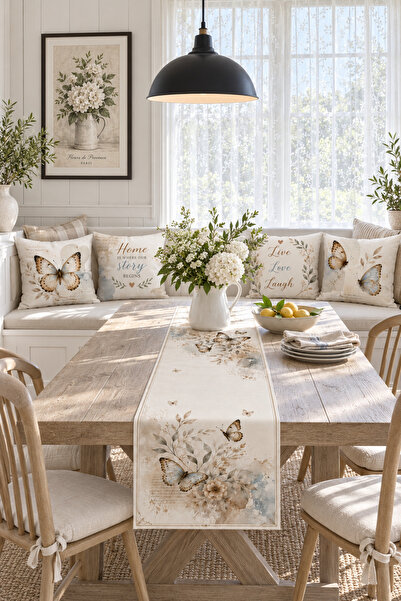 HOMESSA Bej Vintage Kelebek ve Floral Desenli 4’lü Kırlent Kılıfı Runner Seti