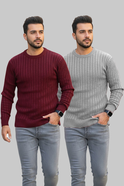 Zimsah 2 Pieces Slim Fit Knitwear Men's Sweater Crew Neck (Gray), (Burgundy)