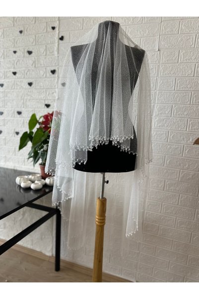 Berina stor Simli incili kırık beyaz Duvak