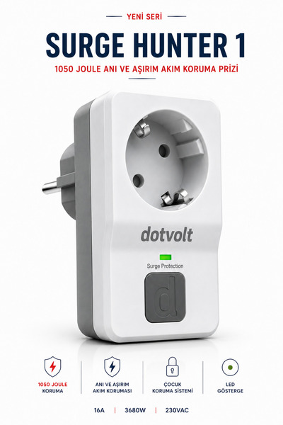 1050 Joule Dotvolt LED'li Akım Korumalı 16A Tekli Priz Aşırı ve Ani Gerilim Koruyucu