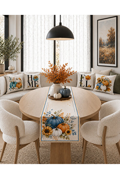 HOMESSA Mavi Balkabağı Ayçiçeği ve Sonbahar 4’lü Kırlent Kılıfı Runner Seti