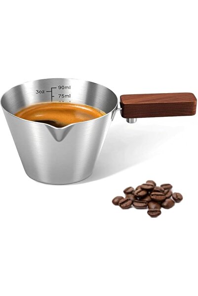 SYOSI Espresso Measuring Cup Stainless Steel with Walnut Square Handle, Scale...