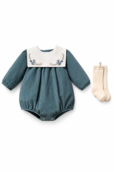 LİLİYUM Baby Girl Corduroy Squirrel Embroidered Bib Collar Long Sleeve Balloo...