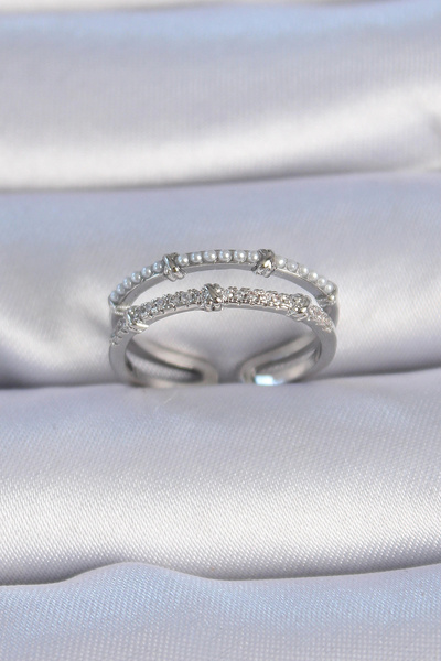 Livenda Brass Silver Color Zircon Stone Pearl Detail Women's Ring Tj-Byk3337