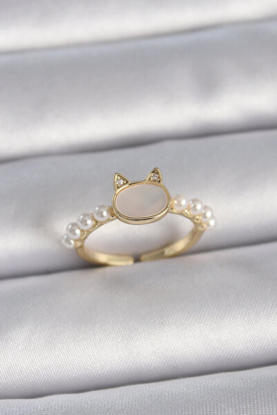 Livenda Brass Gold Color Adjustable White Enamel Cat Model Pearl Detail Women...