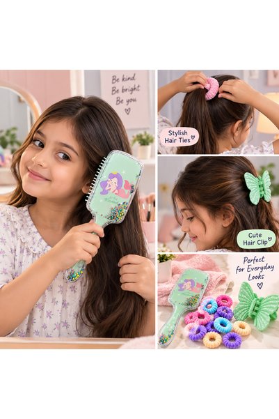 Home By SS 3-Piece Women's Hair Styling Set with Paddle Brush, Butterfly Hair Clip & Colorful Elastic Hair Ties