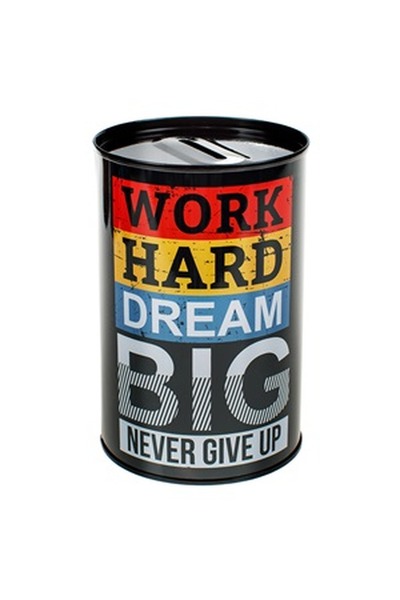 CBD CORAL BEST DEALS Pusculita Metalica Neagra "Work Hard Dream Big" Ø8x12cm