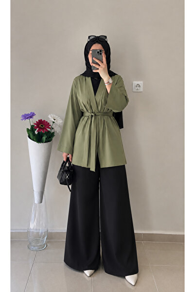 DİLEKBUTİK Yağ yeşili dökümlü kimono seyyar kemerli tesettür