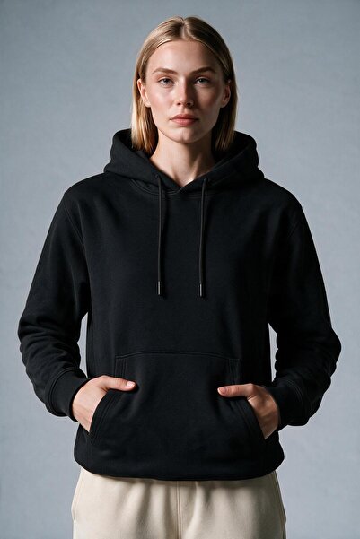 VESTRO Kadın Kapüşonlu Siyah Kanguru Cepli Sweatshirt