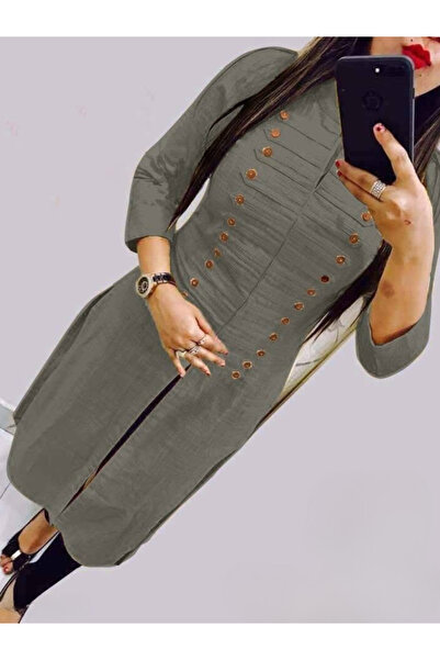 MYSMAR Gray Cotton Button-Detail Kurti - NJF8840 | Gray-Size:XL-42-Inches