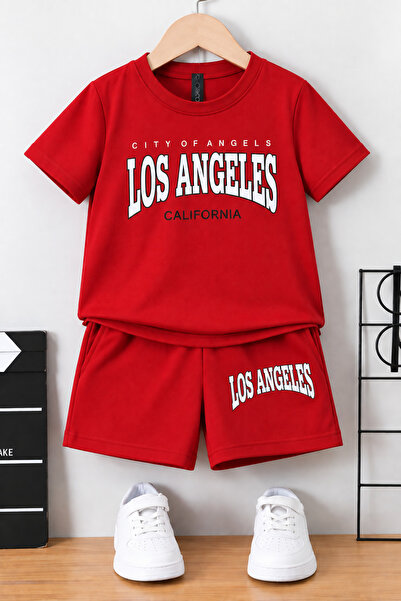beeton Los Angeles California Baskılı Kırmızı Çocuk Şort T-Shirt-Takım - Çocu...