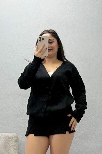 BELENDİR Women's V-Neck Buttoned Knitwear Cardigan Black