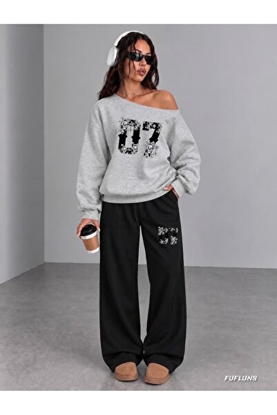 FUFLUNS Çi̇çekli̇ 07 Printed Women's Boat Neck Sweatshirt/Top Sweatpants Set