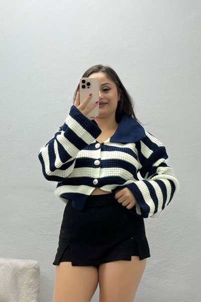 BELENDİR Women's Polo Collar Striped Cardigan Navy Blue