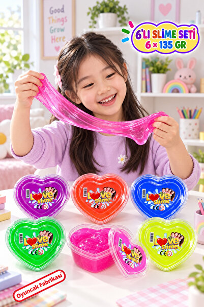 Oyuncak Fabrikası 6’lı Slime Seti 6 Renk Kalp Kutulu Esnek Oyun Slime’ı 6x135 gr