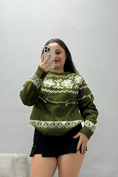 BELENDİR Women's Embroidered Knitwear Sweater Khaki