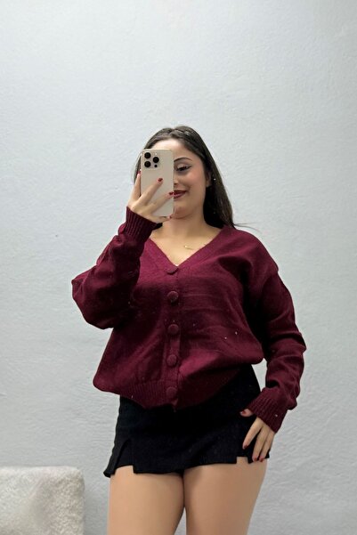BELENDİR Women's V-Neck Buttoned Knitwear Cardigan Claret Red