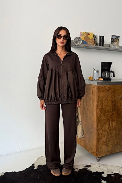 moda poni Women's Brown Stand Collar Zippered Drawstring Oversize Tracksuit Set