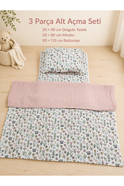SALLHOMEE 🌸 Minik Çiçekler 3 Parça Müslin Alt Açma Seti – Dolgulu Yastıklı, ...